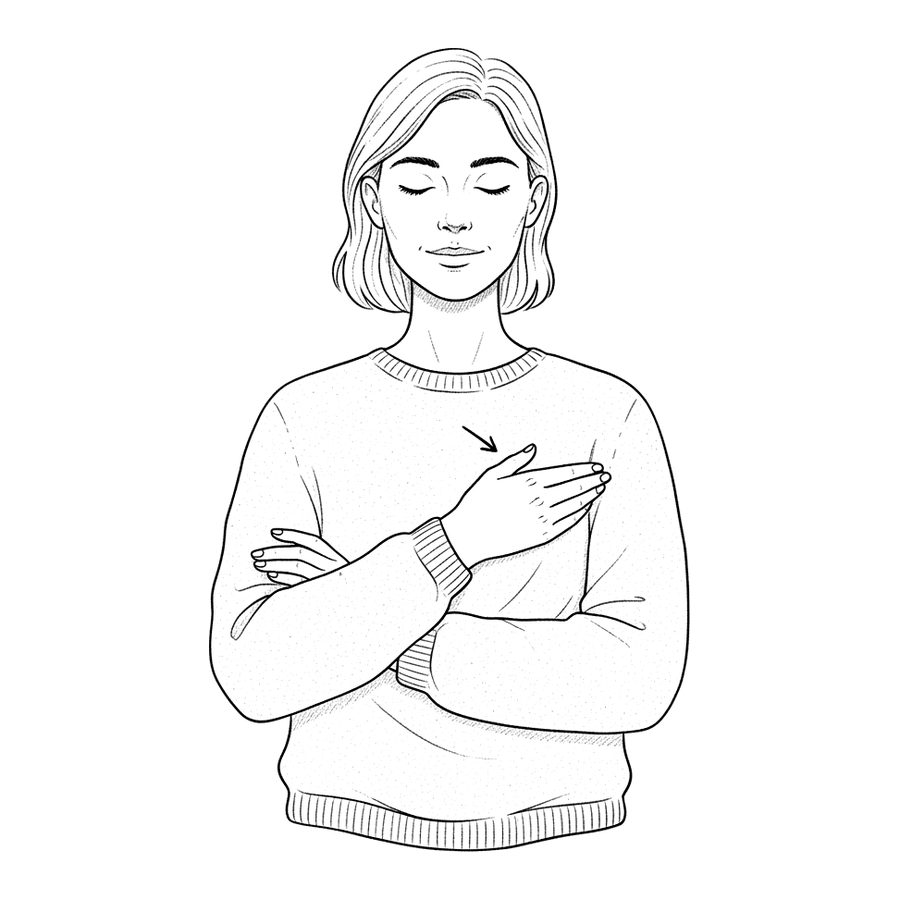 The left hand tapping gently below the right collarbone.