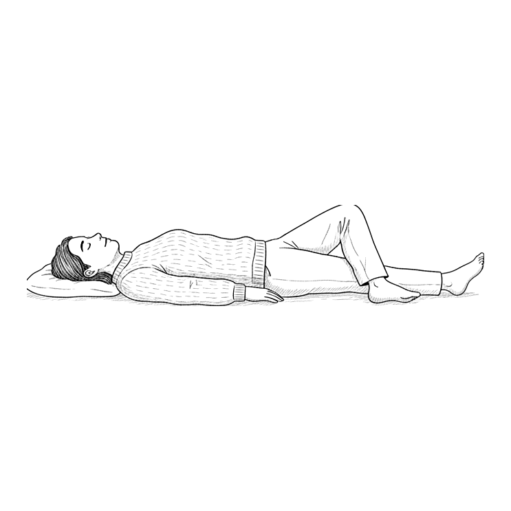 A person lying calmly on their back, hands resting loosely.